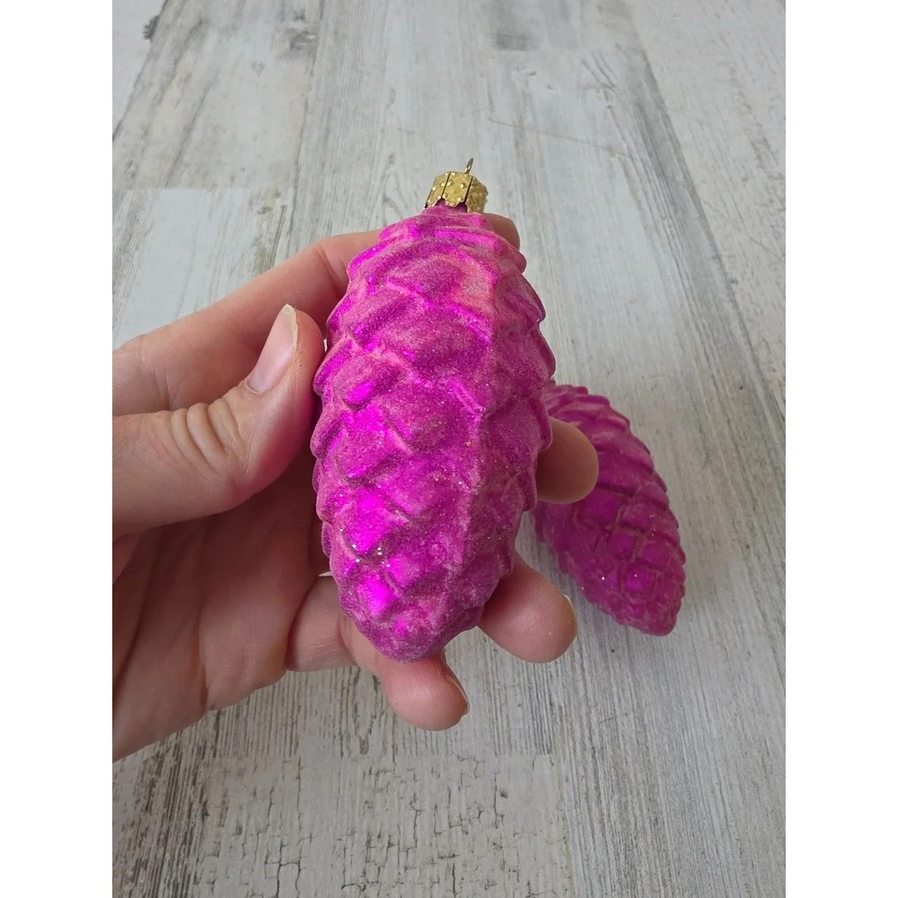 Vintage Christborn pink pine cone glitter glass ornament‎ set Xmas tree